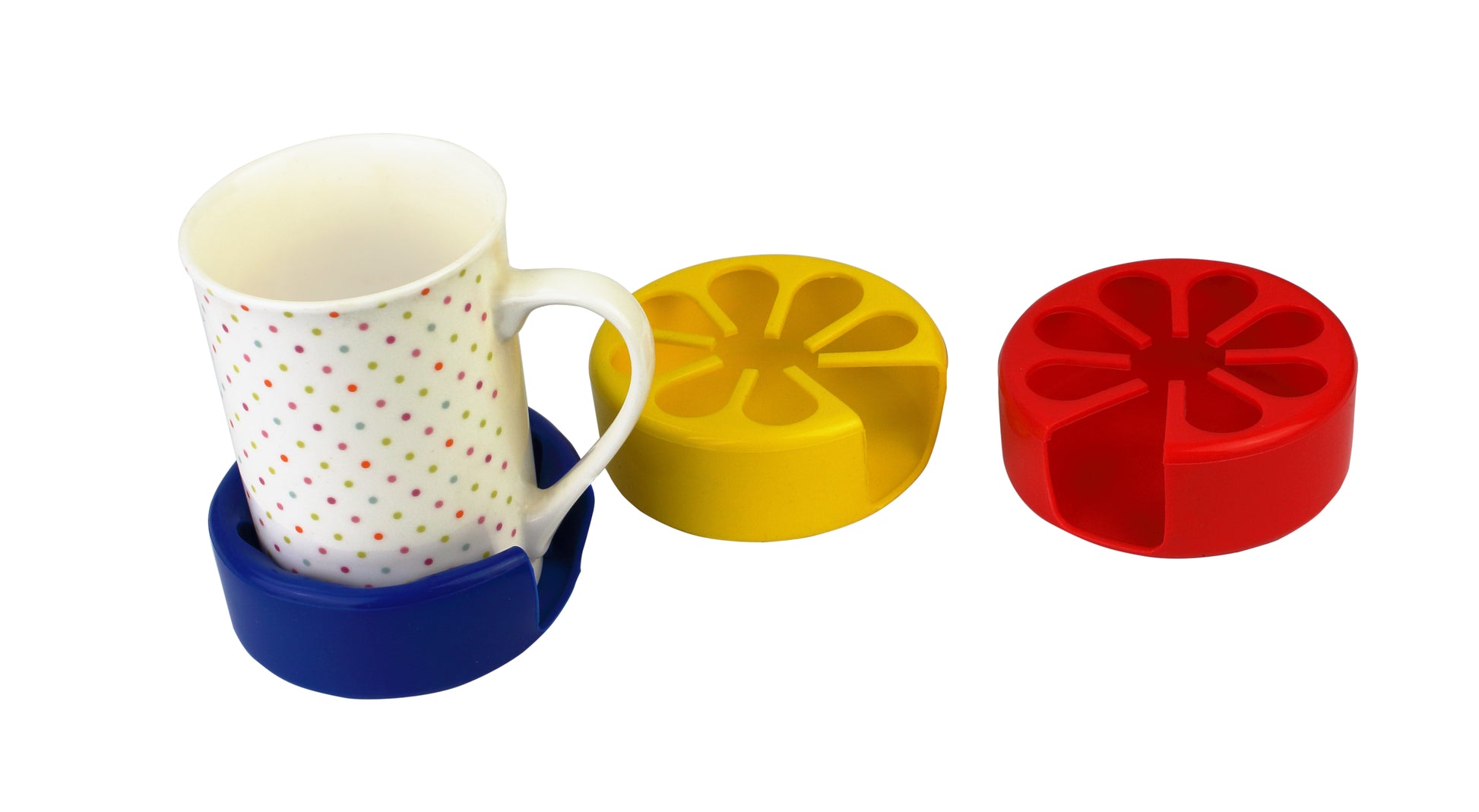 3 cup coasters red, yellow and blue with a coffee cup