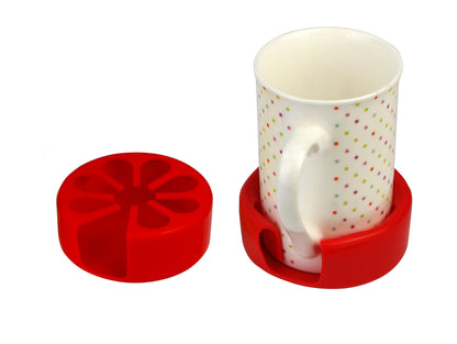 2 red cup coasters with a coffee cup