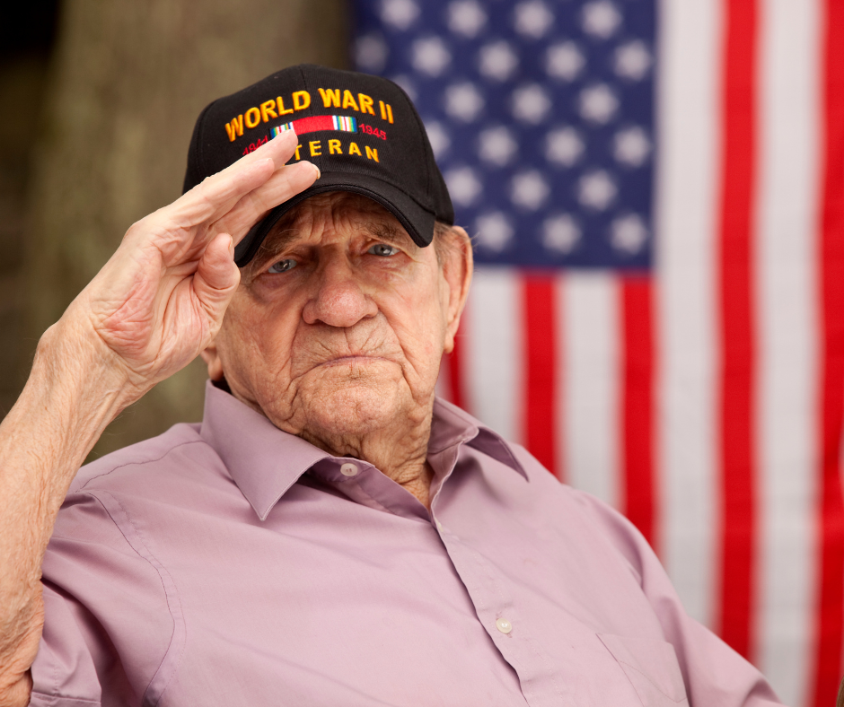 WWII Veteran saluting in front of the American flag