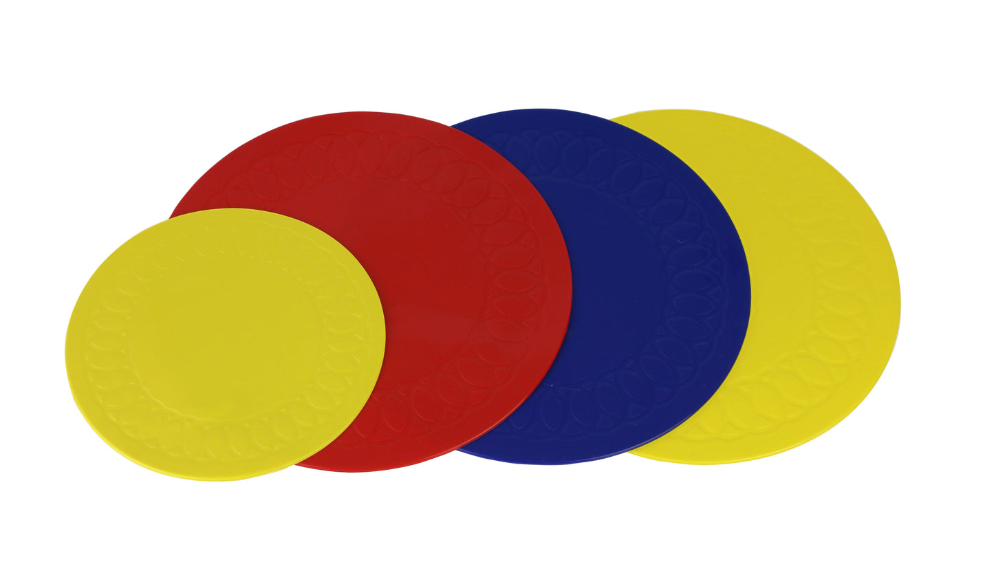4 coasters, red, blue and yellow